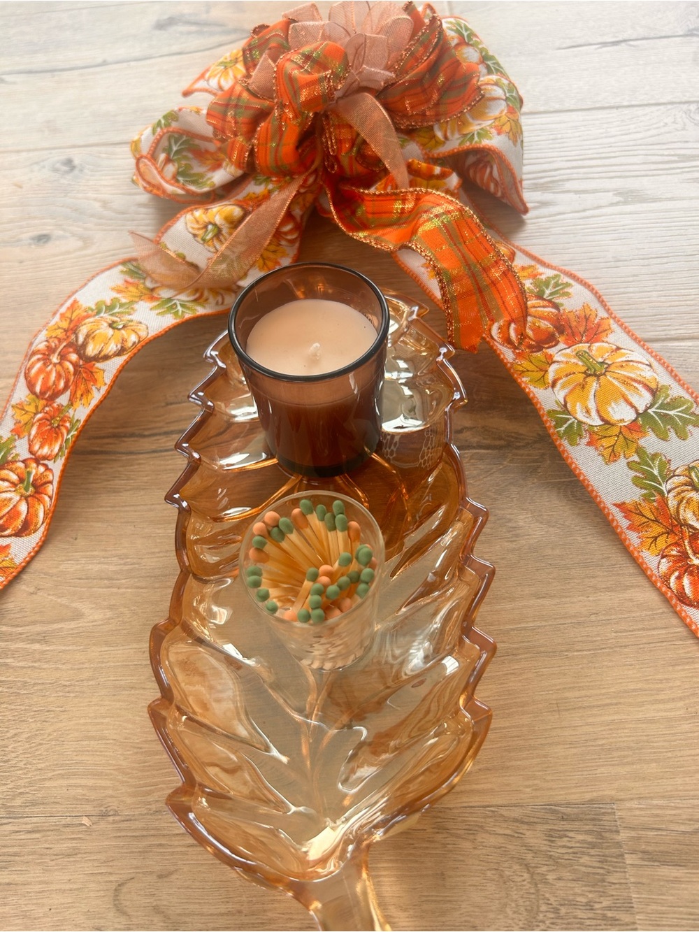 Autumn Flall deco bundle handmade BOW, Cqrnival glass LEAF dish, candle matches